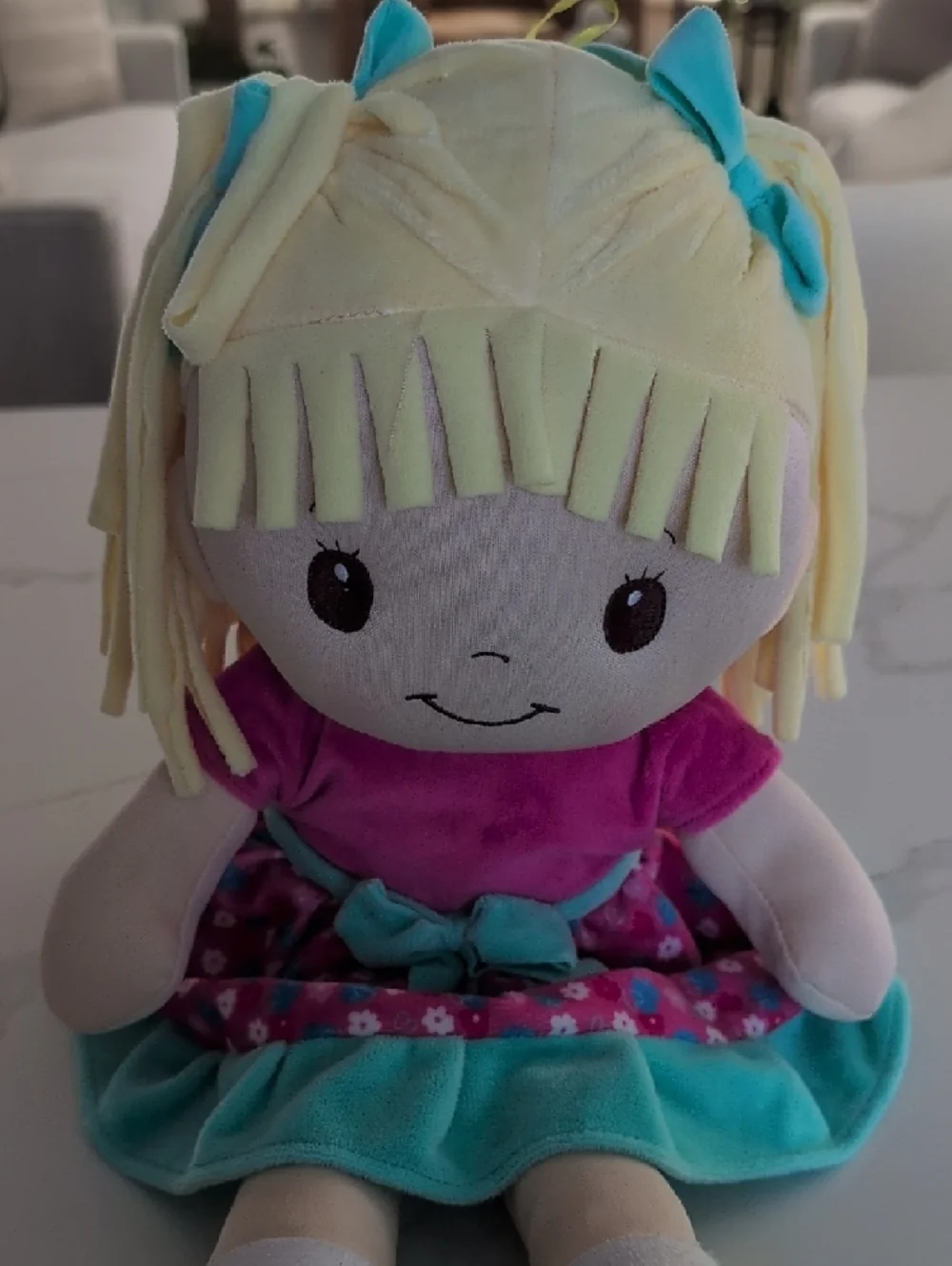Plush Girl Doll in Turquoise & Pink Dress - Picture 3 of 7